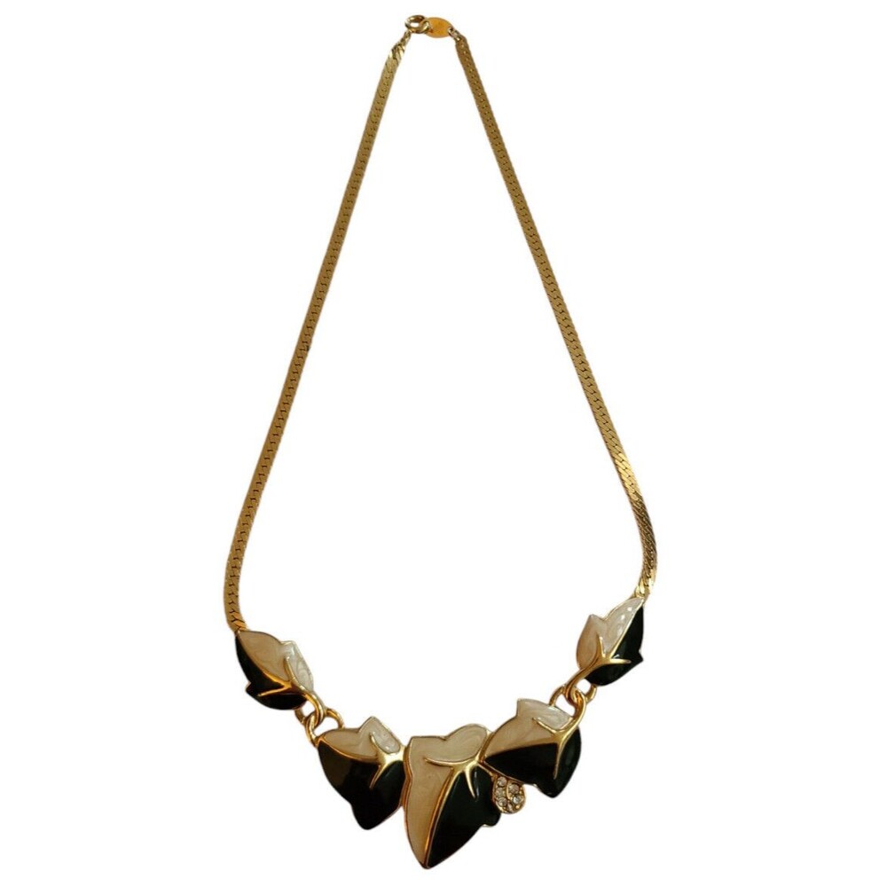 Vintage Trifari Enameled Leaf Necklace w/ Crytals - Gold Tone Black and Cream